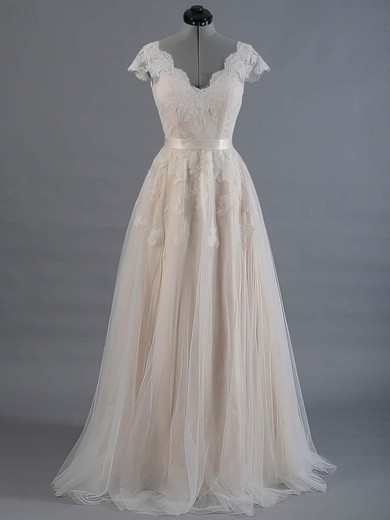 Princess V-neck Tulle Appliques Lace Short Sleeve Original Wedding Dress #PDS00022520