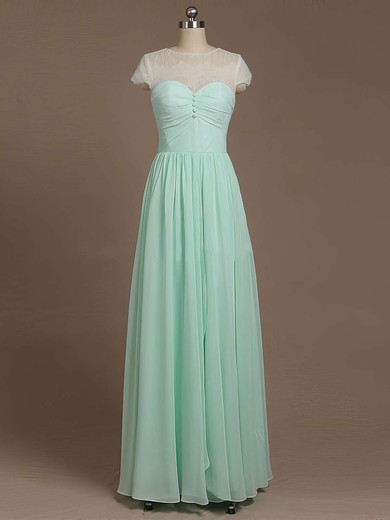 Inexpensive Floor-length Scoop Neck Chiffon Lace with Bow Short Sleeve Bridesmaid Dresses #PDS01012733