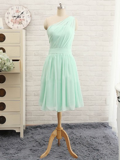 Simple Knee-length Sage Chiffon with Ruffles One Shoulder Bridesmaid Dress #PDS01012741