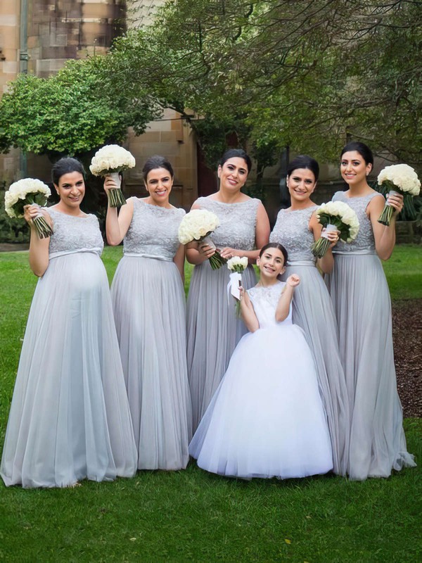 Scoop Neck Gray Tulle Sashes / Ribbons Floor-length Modest Bridesmaid Dresses #PDS01012747