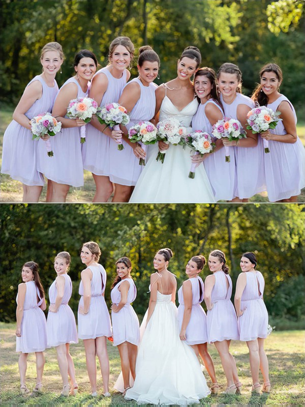Cheap Scoop Neck Chiffon Sashes / Ribbons Short/Mini Bridesmaid Dresses #PDS01012751