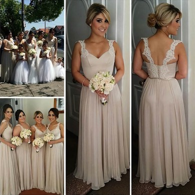 Floor-length Chiffon Appliques Lace V-neck Modest Long Bridesmaid Dresses #PDS01012755