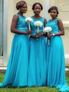 Girls Chiffon Beading Scoop Neck Sweep Train Blue Bridesmaid Dresses #PDS01012759