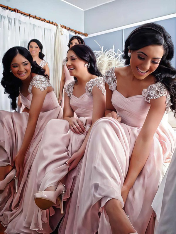 Original Chiffon Appliques Lace Floor-length V-neck Pink Bridesmaid Dress #PDS01012776