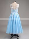 Scoop Neck Tulle Appliques Lace Junior Tea-length Bridesmaid Dress #PDS01012790