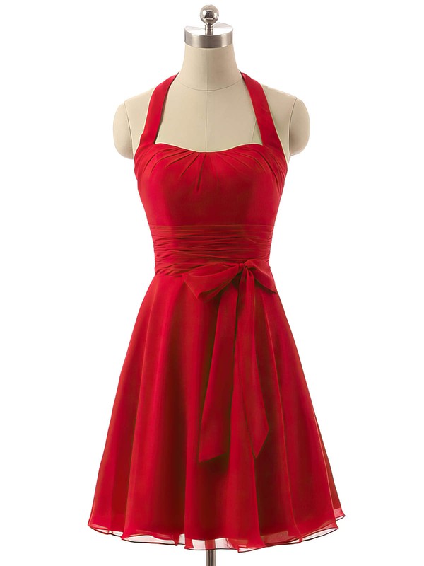 Cheap Short/Mini Chiffon Sashes / Ribbons Red Halter Bridesmaid Dresses #PDS01012792