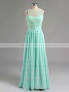 Elegant Scoop Neck Lace Chiffon with Pleats Sage Long Bridesmaid Dresses #PDS01012795