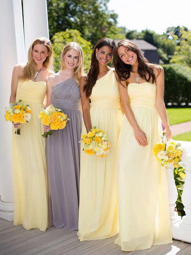 A-line Light Yellow Chiffon Ruffles Classy One Shoulder Bridesmaid Dresses #PDS01012806