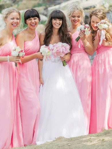 New Pink Chiffon Floor-length Ruffles One Shoulder Bridesmaid Dresses #PDS01012812