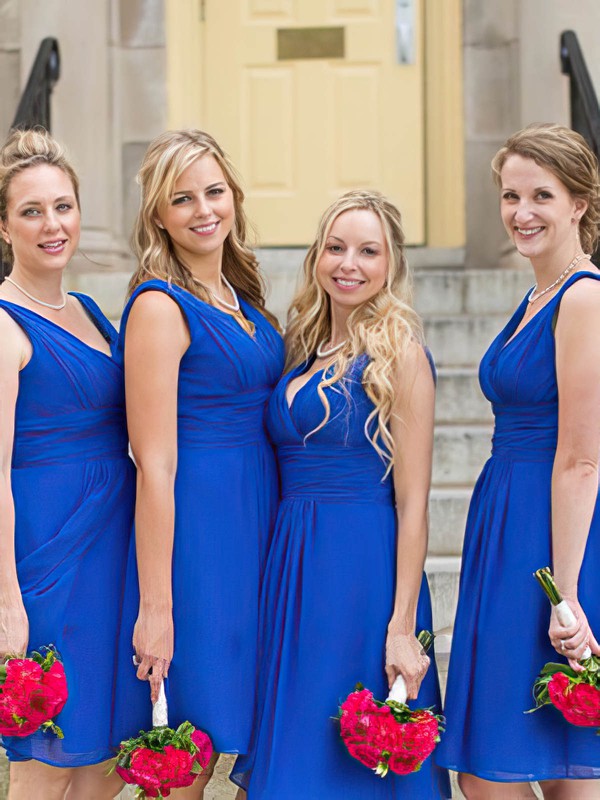 V-neck Knee-length Chiffon Ruffles Newest Royal Blue Bridesmaid Dresses #PDS01012823