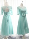 Great Scoop Neck Lace Tulle with Bow Knee-length 1/2 Sleeve Bridesmaid Dresses #PDS01012824
