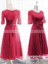 Great Scoop Neck Lace Tulle with Bow Knee-length 1/2 Sleeve Bridesmaid Dresses #PDS01012824