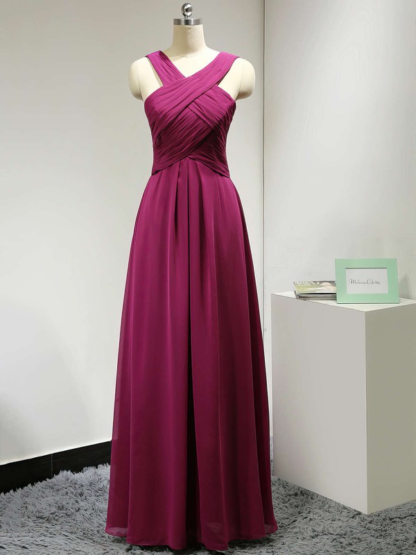 V-neck Chiffon Ruched A-line Exclusive Long Bridesmaid Dress #PDS01012882