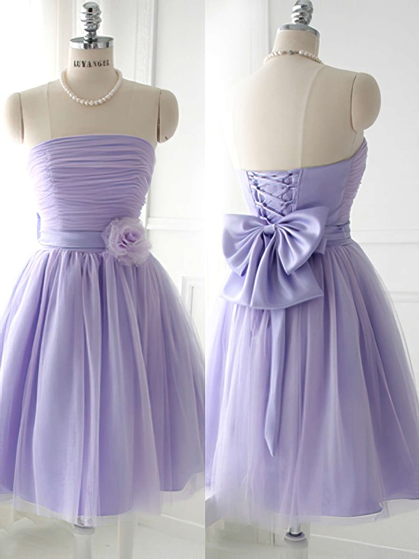 Strapless Satin Tulle Bow Good Lavender Short/Mini Bridesmaid Dress #PDS01012888