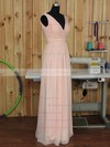 V-neck Floor-length Ruched Chiffon Pink Backless Bridesmaid Dress #PDS01012891