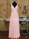 V-neck Floor-length Ruched Chiffon Pink Backless Bridesmaid Dress #PDS01012891