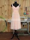 Pink V-neck Chiffon Ruffles Fashion Tea-length Bridesmaid Dress #PDS01012892