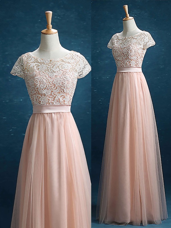 Junior Scoop Neck Lace Tulle Sashes / Ribbons Floor-length Short Sleeve Bridesmaid Dress #PDS01012895