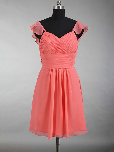 V-neck Chiffon Ruffles Beautiful Watermelon Short/Mini Bridesmaid Dress #PDS01012897