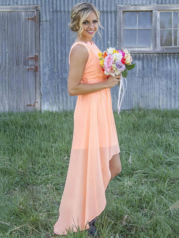 Asymmetrical A-line Scoop Neck Chiffon Appliques Lace Different Bridesmaid Dresses #PDS01012899