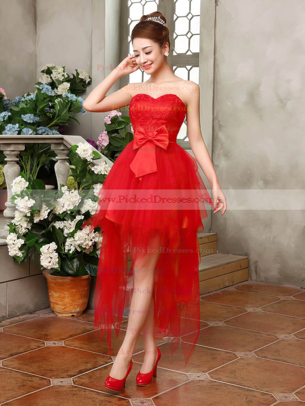 Pretty A-line Sweetheart Lace Tulle with Bow Asymmetrical Bridesmaid Dresses #PDS01012901