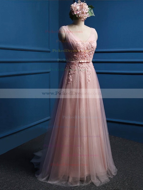 Elegant A-line Tulle with Appliques Lace Floor-length V-neck Bridesmaid Dresses #PDS01012905