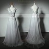 Elegant A-line Tulle with Appliques Lace Floor-length V-neck Bridesmaid Dresses #PDS01012905