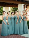 V-neck A-line Tulle with Ruffles Floor-length Modest Bridesmaid Dresses #PDS01012907
