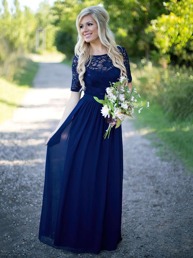 Graceful A-line Scoop Neck Lace Chiffon Sequins Floor-length Short Sleeve Bridesmaid Dress #PDS01012910