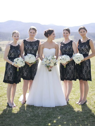 Knee-length A-line Scoop Neck Lace Sashes / Ribbons Black Open Back Bridesmaid Dresses #PDS01012917