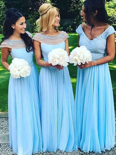 A-line Floor-length Scoop Neck Chiffon Tulle Pearl Detailing New Bridesmaid Dresses #PDS01012921