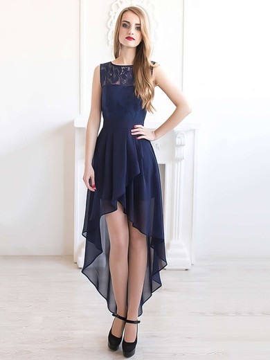 Casual A-line Scoop Neck Dark Navy Chiffon with Lace Asymmetrical Bridesmaid Dresses #PDS01012927