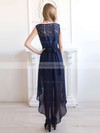Casual A-line Scoop Neck Dark Navy Chiffon with Lace Asymmetrical Bridesmaid Dresses #PDS01012927