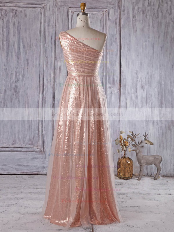 One Shoulder A-line Ruffles Tulle Sequined Floor-length Unique Bridesmaid Dress #PDS01012934