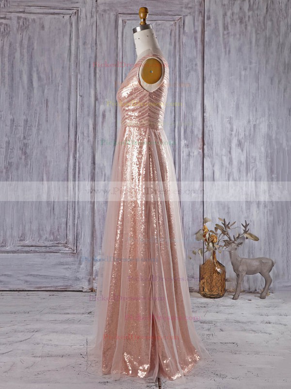 One Shoulder A-line Ruffles Tulle Sequined Floor-length Unique Bridesmaid Dress #PDS01012934