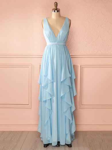 A-line Floor-length Chiffon Sashes / Ribbons Amazing V-neck Bridesmaid Dresses #PDS01012942