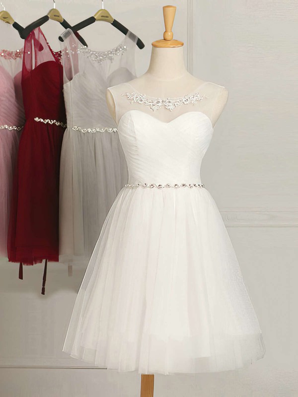 White A-line Scoop Neck Tulle Ruffles Junior Short/Mini Bridesmaid Dresses #PDS01012948