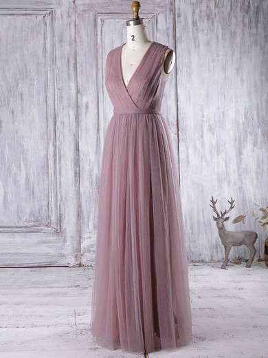 A-line V-neck Tulle with Appliques Lace Floor-length Glamorous Bridesmaid Dresses #PDS01012956