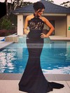 Exclusive Trumpet/Mermaid Silk-like Satin Sweep Train Appliques Lace Backless Halter Bridesmaid Dresses #PDS01012960
