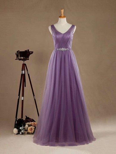 Boutique A-line V-neck Tulle Floor-length with Beading Open Back Bridesmaid Dresses #PDS01012965