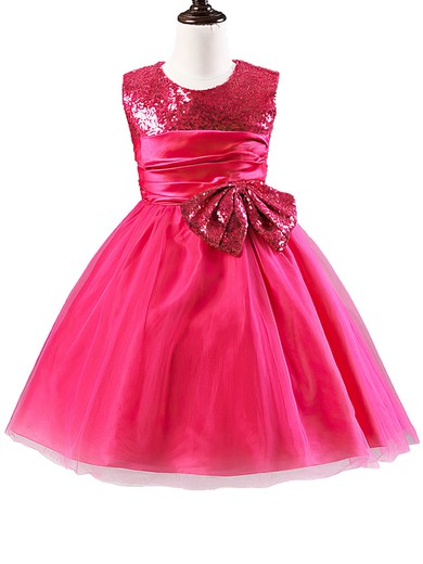 A-line Scoop Neck Tulle Sequined with Bow Beautiful Tea-length Flower Girl Dresses #PDS01031902