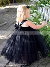 Princess Square Neckline Tulle Flower(s) Cute Black Tea-length Flower Girl Dresses #PDS01031907