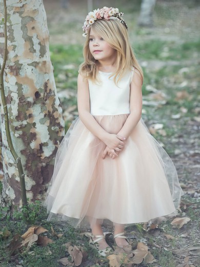 Cheap A-line Scoop Neck Tulle with Bow Tea-length Flower Girl Dresses #PDS01031910