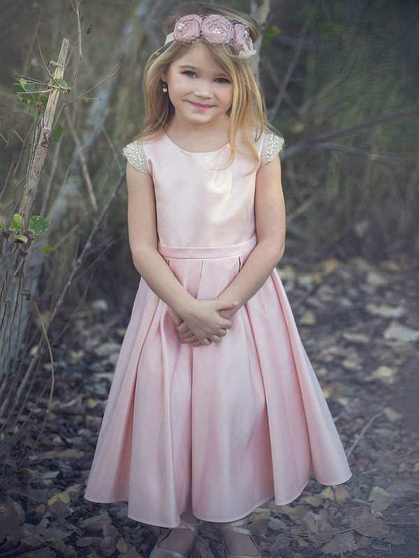 A-line Scoop Neck Satin with Bow Affordable Pink Ankle-length Flower Girl Dresses #PDS01031912