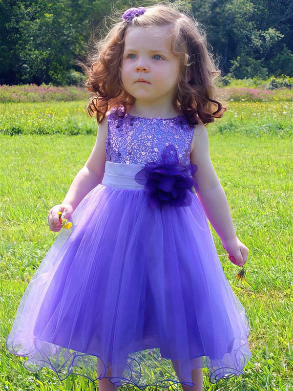 Sweet A-line Scoop Neck Tulle Sequined Sashes / Ribbons Tea-length Flower Girl Dresses #PDS01031917