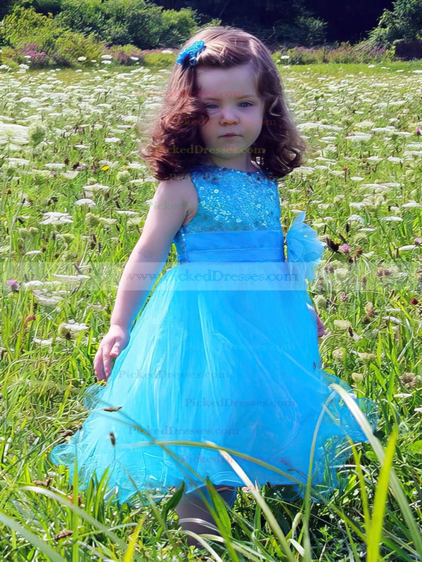 Sweet A-line Scoop Neck Tulle Sequined Sashes / Ribbons Tea-length Flower Girl Dresses #PDS01031917