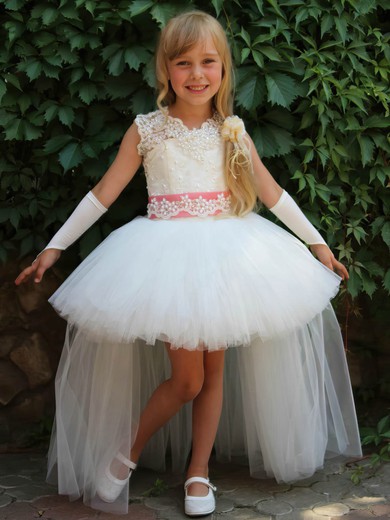 Ball Gown Scoop Neck Tulle with Beading Unique Asymmetrical Flower Girl Dresses #PDS01031923
