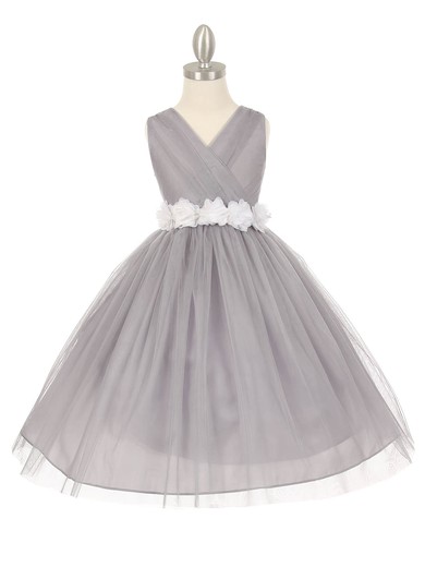 Simple V-neck Tulle Sashes / Ribbons Floor-length Ball Gown Flower Girl Dresses #PDS01031928