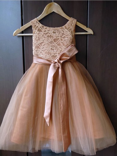 A-line Scoop Neck Lace Tulle Sashes / Ribbons Ankle-length New Flower Girl Dresses #PDS01031929