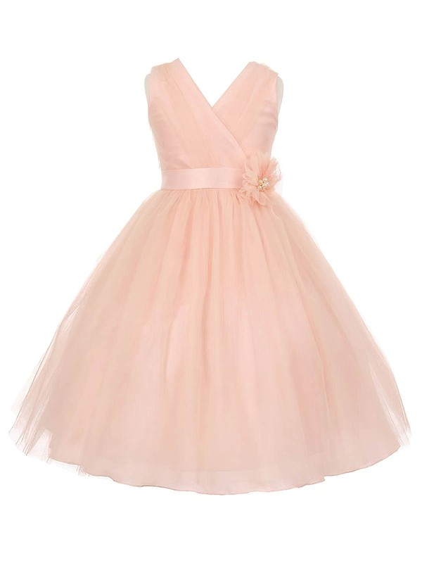 Princess V-neck Tulle Sashes / Ribbons Floor-length Affordable Flower Girl Dresses #PDS01031936